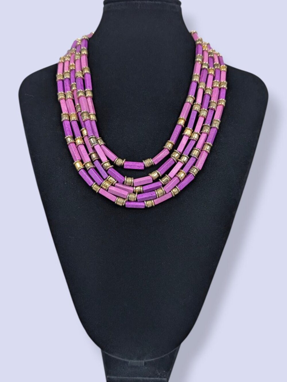 5-Strand Brass & Purple Wood Statement Necklace